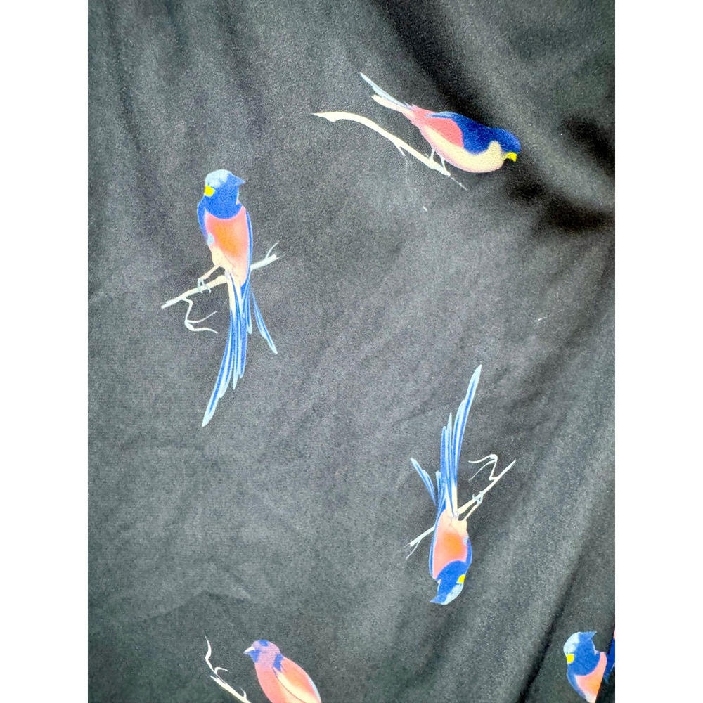 New York & Company Navy Blue Bird Print Off Shoulder Blouse Large Tie Neck Top - Picture 3 of 5